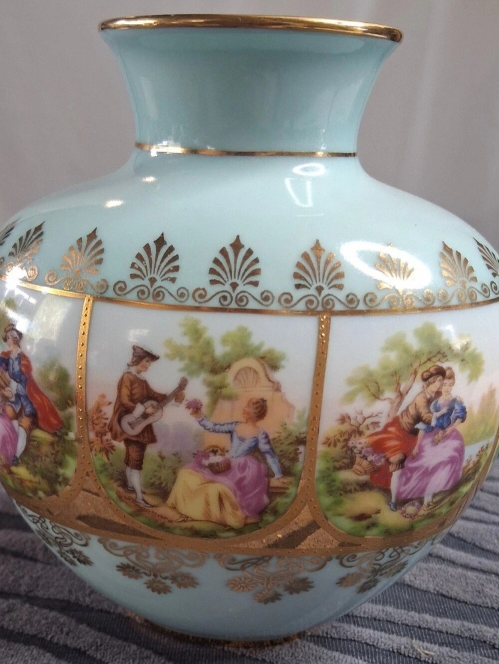 Vintage J.K.W Decor Carlsbad Porcelain Pillow Vase Blue And Glod (Love Story)
